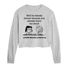 She will love showing off her style with this Juniors' Peanuts Patty & Marcie Friends Forever Long Sleeve Cropped Tee. FEATURES Long sleeves CrewneckFABRIC & CARE Cotton/Polyester Machine wash Imported Size: X Large. Color: Heather Gray. Gender: female. Age Group: kids. Pattern: Graphic. Fun Long Sleeve Slogan Tops, Funny Relaxed Fit Long Sleeve Tops, Funny Long Sleeve Relaxed Fit Tops, Funny Long Sleeve Tops With Graphic Print, Funny Long Sleeve Tops With Cartoon Print, Funny Long Sleeve Slogan Tops, Trendy Long Sleeve Crop Top By Forever 21, Peanut Patties, Forever 21 Trendy Long Sleeve Crop Top