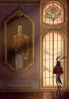 a painting of a man with antlers standing in front of a window