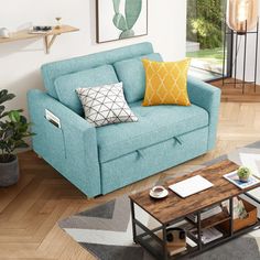 a living room with a couch, coffee table and potted plant in the corner