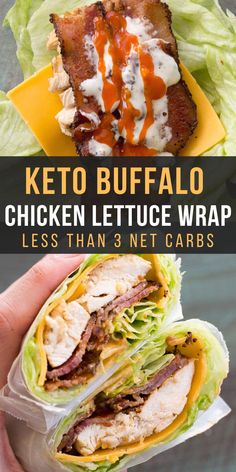 the keto buffalo chicken lettuce wrap has been cut in half and is being held