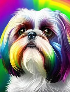 a multicolored shih - tzu dog is looking at the camera with a rainbow background