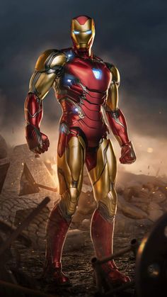 an iron man standing in the middle of a field with his hands on his hips