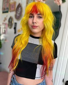 Magenta And Yellow Hair, Strawberry Lemonade Hair, Yellow And Red Hair, Red And Yellow Hair, Bangs Dyed, Wavy Hair With Bangs, Lovely Hairstyles, Black Lungs