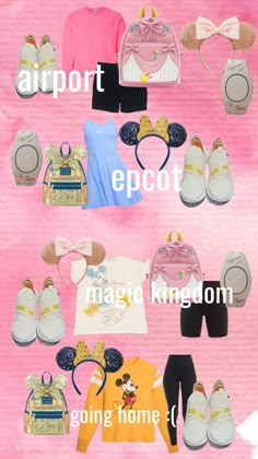 various types of clothing and shoes are shown on a pink background with the words airport, epcot, market kingdom, going home