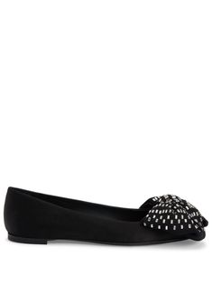 black satin finish oversize bow detail crystal embellishment pointed toe slip-on style branded leather insole 5mm low stacked heel leather sole Ballerina Shoes, Ballet Pumps, Crystal Embellishment, Black Pumps, Bow Detail, Stacked Heel, Black Satin, Giuseppe Zanotti, Satin Finish