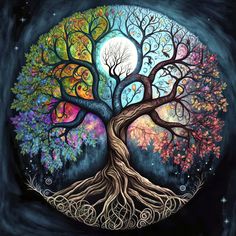 a painting of a tree with the moon in the background