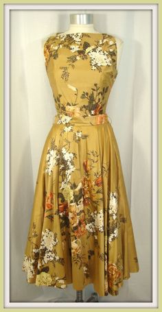 ~ Vintage 50s 2 Pc. Gold Floral Party Dress w/ Crinoline ~ Floral Party Dress, Floral Party, 50s Dresses, 1950s Dress, 50s Fashion, 1950s Fashion, Gold Floral, Mode Vintage