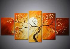 a painting on the wall of a tree with white flowers in it and an orange background