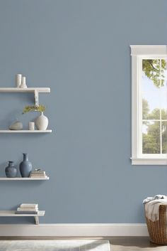 home decor, paint colors, blue-gray, interior design Dusty Blue Living Room Walls, Blue Walls Living Room, Light Oak Floors, Blue Painted Walls, Blue Grey Walls, Room Color Combination, Painted Brick Fireplaces, Grey Accent Wall, Light Blue Paints