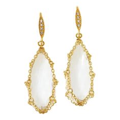 These Chic Earrings Feature Pear-Shaped Gemstones Encased In A Unique Gold-Plated Chain Drop Design. White Zircon Add The Perfect Touch Of Sparkle. Approx. 1-15/16"L X 9/16"W Stamped .925 Sterling Silver; Gold Plating Pierced With French Wire Backs White Gemstone Party Earrings, White Dangle Earrings With 17 Jewels, White Gemstone Jewelry For Evening, Elegant White Jewelry With Gemstone Accents, White Wire Wrapped Drop Jewelry, White Oval Party Earrings, White Oval Jewelry With Gemstone Accents, White Teardrop Jewelry For Evening, White Teardrop Evening Jewelry