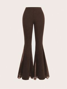 Women Plain Elastic Waist Mesh Splice Flared Fashionable Elegant Long Pants Coffee Brown Elegant   Knitted Fabric Plain Flare Leg High Stretch  Women Clothing, size features are:Bust: ,Length: ,Sleeve Length: Brown Pants For Women, Fancy Pants Outfit, Flare Outfit, Elegant Pant, Women Pants, Flared Pants, Coffee Brown, Really Cute Outfits