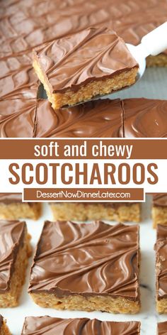 soft and chewy scotcharoos with chocolate frosting on top are shown in this collage