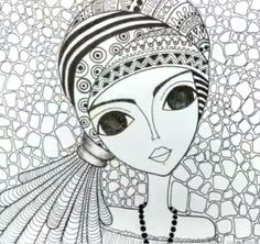 a drawing of a woman with large eyes and headdress on her head, in black and white