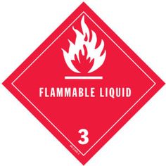 a red and white sign that says flammable liquid with flames in the center