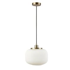 a white and gold pendant light hanging from the ceiling