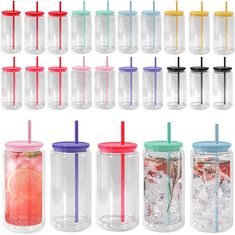 many different colored drinking cups with straws and lids