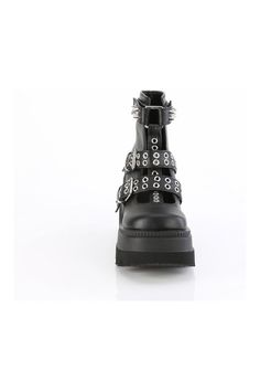 4 1/2" Wedge Platform Cage Bootie, Back Zipper - Fit Guide: Women's US Size Shown - Heel: 4 1/2" Wedge Platform - Brand: Demonia - Country of Origin: Imported Demonia Shaker, Japan Woman, Black Vegan, Black 7, Platform Wedges, Black Ankle Boots, Leather Ankle Boots, Bootie, Vegan Leather