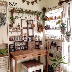 a store with lots of plants and decorations on the wall, including hanging signs that spell out say