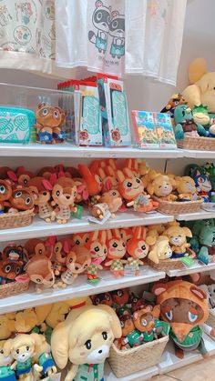 there are many stuffed animals on the shelves