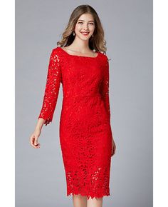 Get 10% off now! Buy L-5XL Elegant Square Neck Sheath Red Lace Party Dress With Long Sleeves at cheap price online. Free stable shipping and pro custom service since 2009. Chic Square Neck Lace Dress For Party, Chic Lace Dress With Square Neck For Parties, Fitted Lace Dress With Square Neck For Party, Elegant Lace Dress With Straight Neckline, Elegant Formal Lace Dress With Square Neck, Elegant Lace Dress With Square Neck For Spring, Elegant Square Neck Lace Dress For Spring, Long Sleeve Lace Dress For Banquet, Fitted Red Lace Dress Elegant Style