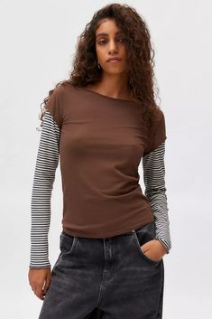 BDG Sloane Layered Twofer Tee | Urban Outfitters Short Sleeve Long Sleeve Layer, Layered Tops Outfits, Long Sleeve Under T Shirt, Long Sleeve Under Short Sleeve, Urban Outfitters Style, Fall Board, Long Sleeve Layer, Cap Sleeve Tee, Layered Long Sleeve