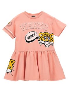 KIDS Cotton dress with print, crew neck, short sleeves, flounces on the hem. Composition: 100% cotton | Kenzo Kids Printed Dress Girls in Pink | SS24 Playful Short Sleeve Graphic Print Dress, Playful Short Sleeve Dress With Graphic Print, Short Sleeve Cotton Dress With Ruffles, Cute Cotton Dress With Crew Neck, Playful Short Sleeve Cotton Dress, Summer Cotton Crew Neck Dresses, Cotton Crew Neck Summer Dresses, Summer Cotton Dress With Crew Neck, Summer Cotton Dresses With Crew Neck