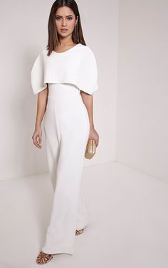 Claudie Cream Cape Jumpsuit Image 2 Opera Outfit, Jumpsuit Wedding Dress, White Wide Leg Jumpsuit, White Jumpsuit Wedding, White Jumpsuits, Cream Jumpsuit, Cape Jumpsuit, Reception Outfit