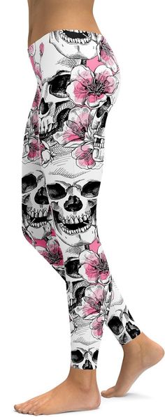 Womens Workout Yoga Pink Floral Skulls Leggings Black/Pink/Grey | Gearbunch.com Casual Skull Print Stretch Leggings, Casual Stretch Leggings With Skull Print, Casual Skull Print Leggings, Gear Closet, Skull Leggings, Buy Leggings, Womens Workout, Skull Clothing, Pink Poppies