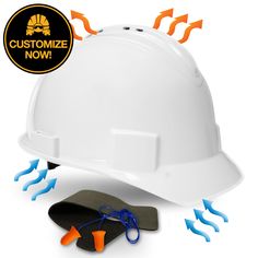 a white hard hat with safety equipment around it