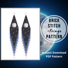 a pair of black and white beaded earrings with the words brick stitch fringe pattern