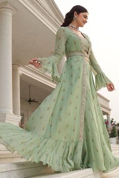 Shop for Sana Barreja Green Georgette Floral Print Sabeen Jacket And Sharara Set for Women Online at Aza Fashions Pants With Blouse, Long Green Jacket, Jacket Belt, Prachi Desai, Sharara Pants, Floral Lehenga, Organza Shirt, Birthday Collection, Sharara Set