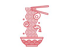 a red line drawing of noodles and chopsticks in a bowl on a white background