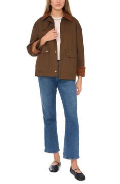 An oversized fit enhances the cozy feel of a structured cotton-twill barn jacket framed by a soft corduroy collar and cuffs. 26 1/2" length Front zip closure with snap storm placket Spread collar Front snap-flap patch pockets Unlined 100% cotton Dry clean Imported Fall Cotton Shacket With Button Cuffs, Cotton Outerwear With Patch Pockets For Fall, Cotton Shacket With Button Cuffs For Fall, Winter Cotton Utility Jacket With Button Cuffs, Fall Utility Outerwear With Corduroy Collar, Spring Utility Outerwear With Corduroy Collar, Utility Outerwear With Corduroy Collar For Spring, Utility Style Outerwear With Corduroy Collar For Spring, Utility Shacket With Patch Pockets For Fall