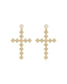 Pair of pearl stud cross earrings with CZ stones and bezeled pearl details Sold as a pair Earring is 35mm x 6 mm 7.18g per pair Made from Brass with CZ stones + faux pearls Plated Gold or Silver Earrings are 100% nickel-free and cadmium-free 1 year warranty Packaged in Luv Aj branded gift boxes Elegant White Cross Earrings, Fine Studs, Personalised Jewellery Necklaces, Daisy Studs, Luv Aj, Pearl Details, Solitaire Studs, Branded Gifts, Cross Earrings