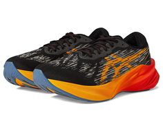 ASICS Novablast 3 - Men's Shoes : Black/Amber : Enjoy your next morning run in comfort in the ASICS Novablast 3 sneakers. Lace-up closure offers a secure fit. Classic round toe silhouette. FF BLAST (FLYTEFOAM BLAST) is a lightweight, midsole foam with energetic and highly responsive cushioning and bounce. Padded tongue and collar for added support. Textile upper. Textile lining. Removable textile insole. Synthetic outsole. Imported. Measurements: Weight: 9 oz Product measurements were taken usin Asics Sneakers With Air Cushioning For Light Sports, Asics Low-top Sneakers With Gel Cushioning, Asics Sporty Sneakers For Marathon, Sporty Asics Sneakers For Marathon, Asics Dynamic Sneakers With Air Cushioning, Asics Running Shoes With Gel Cushioning For Light Sports, Asics Sneakers With Gel Cushioning, Asics Sneakers With Air Cushioning, Asics Athleisure Sneakers With Air Cushioning