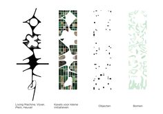 three different types of abstract designs on a white background, one is green and the other is black