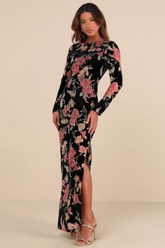 RSVP to your next event with a perfect look like the Lulus Glorious Aura Black Velvet Floral Burnout Long Sleeve Maxi Dress! Soft velvet, with a sheer burnout mesh floral print throughout, shapes a flattering boat neckline and a darted bodice, all framed by long sleeves. High, fitted waist sits atop a column skirt that ends at a classy midi hem. A loop-button closure secures atop a keyhole-style cutout at the back for an alluring finish. Hidden back zipper/clasp. Fit: This garment fits true to s Long Sleeve Wedding Guest Dresses, Floral Prom Dresses, Column Skirt, Velvet Maxi Dress, Black Dress Formal, Black Prom Dresses, Long Sleeve Wedding, Long Sleeve Maxi, Dress 100