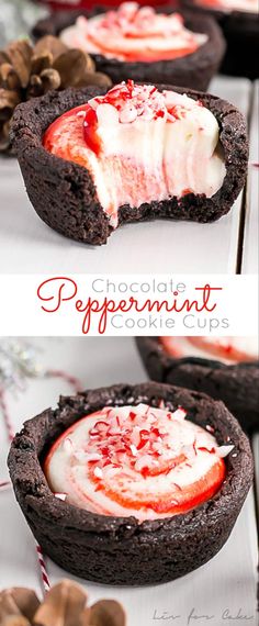 chocolate peppermint cookie cups with whipped cream inside