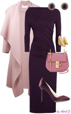 "Blush & Berries" - Chloe coat; Vivienne Westwood dress; Vintage Amethyst earrings; Jennifer Fisher ring; Chloe bag; Charlotte Olympia pumps Mauve Purse Outfit, Buissnes Casual Dresses, Mauve Outfits Color Combos, Plum Outfit Ideas Color Combos, Mauve Outfit Ideas Color Combos, Vivienne Westwood Dress, Pink Winter, Romantic Dinner, Modest Wear