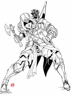 an ink drawing of the character person from video game overwatch, holding two swords