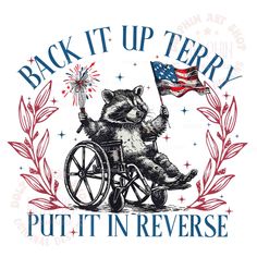 a raccoon in a wheel chair holding an american flag