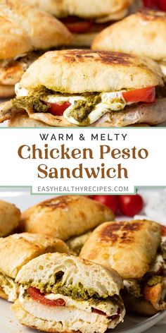 chicken pesto sandwich with tomatoes and mozzarella on the side, in front of other sandwiches