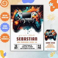 an image of a flyer for a video game event with two controllers on it and the words sebastian