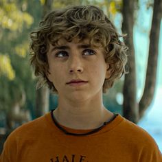 a young boy with curly hair wearing an orange t - shirt looking at the camera