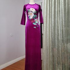 Ao Dai Measurements Bust 88-90cm Waist 70-74cm Nwot. Embroidery Flowers And Velvet Fabric, Have Good Stretch Spring Embroidered Full Length Dress, Purple Full-length Dresses For Spring, Full Length Purple Spring Dresses, Long Fitted Purple Dress, Purple Long Sleeve Dress With Floral Embroidery, Fitted Long Purple Maxi Dress, Fitted Long Embroidered Maxi Dress, Fitted Ao Dai With Floral Embroidery For Festive Occasions, Festive Fitted Ao Dai With Floral Embroidery