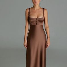 Worn Once - Has Tags On But Will Require Dry Cleaning (See Oil Mark Pictured). Features: - A-Line Silhouette - Bustier Detail At Bodice - Ruched Straps - Side Zip Closure - Maxi Length - Unlined Https://Annaoctober.Com/Products/Aglaya-Dress Fitted Brown Satin Midi Dress, Elegant Brown Slip Dress For Evening, Elegant Brown Slip Dress For Date Night, Fitted Brown Slip Dress For Evening, Brown Fitted Slip Dress For Evening, Fitted Brown Satin Slip Dress, October Dresses, Anna October, Side Zip