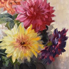 an oil painting of colorful flowers in a vase