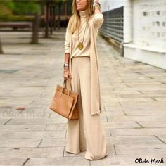 Olivia Mark - Solid Color Soft Long Coat with Wide Leg Pants - Fashionable Three-Piece Set Chique Outfits, Two Piece Pants Set, Turtleneck Long Sleeve, Three Piece Suit, Loose Outfit, Beige Sweater, Looks Style, Mode Inspiration, Three Piece