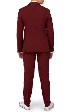 Crisp and smart, this burgundy two-piece suit includes flat-front pants, a clip-on tie and a look that keeps your child dapper at any occasion. Jacket has two-button closure; notched lapels; nonfunctional four-button cuffs; chest pocket; front flap pockets; side vents Trousers have zip fly with button-tab closure; front slant pockets; back welt pockets Lined 100% polyester Machine wash, line dry Imported Red Fitted Suit For Business Casual, Red Fitted Suits For Business Casual, Red Fitted Business Casual Suit, Burgundy Business Suit With Suit Collar, Tailored Burgundy Tuxedo For Business, Tailored Burgundy Business Tuxedo, Burgundy Tailored Tuxedo For Business, Burgundy Notch Lapel Suit For Business, Tailored Burgundy Suit For Semi-formal Occasions