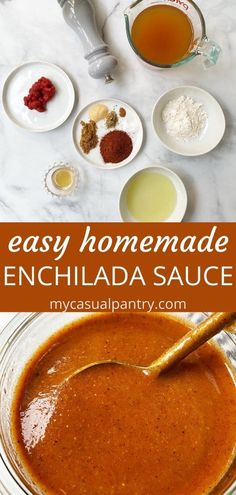 homemade enchilada sauce in a glass bowl with spoons and ingredients around it